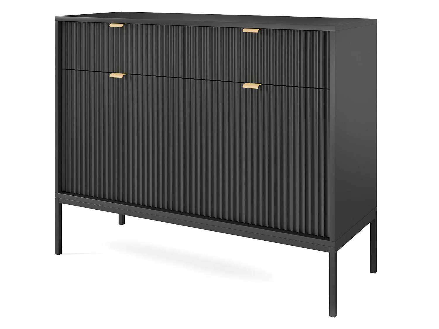 Sideboard Kommode 2-türig mit 2 Schubladen - 104 cm - Schwarz mit geriffelten Fronten - VELLORE