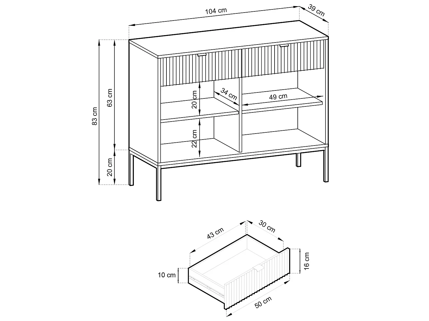 Sideboard Kommode 2-türig mit 2 Schubladen - 104 cm - Schwarz mit geriffelten Fronten - VELLORE