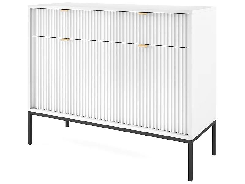 Sideboard Kommode 2-türig mit 2 Schubladen - 104 cm - Weiß mit geriffelten Fronten - VELLORE