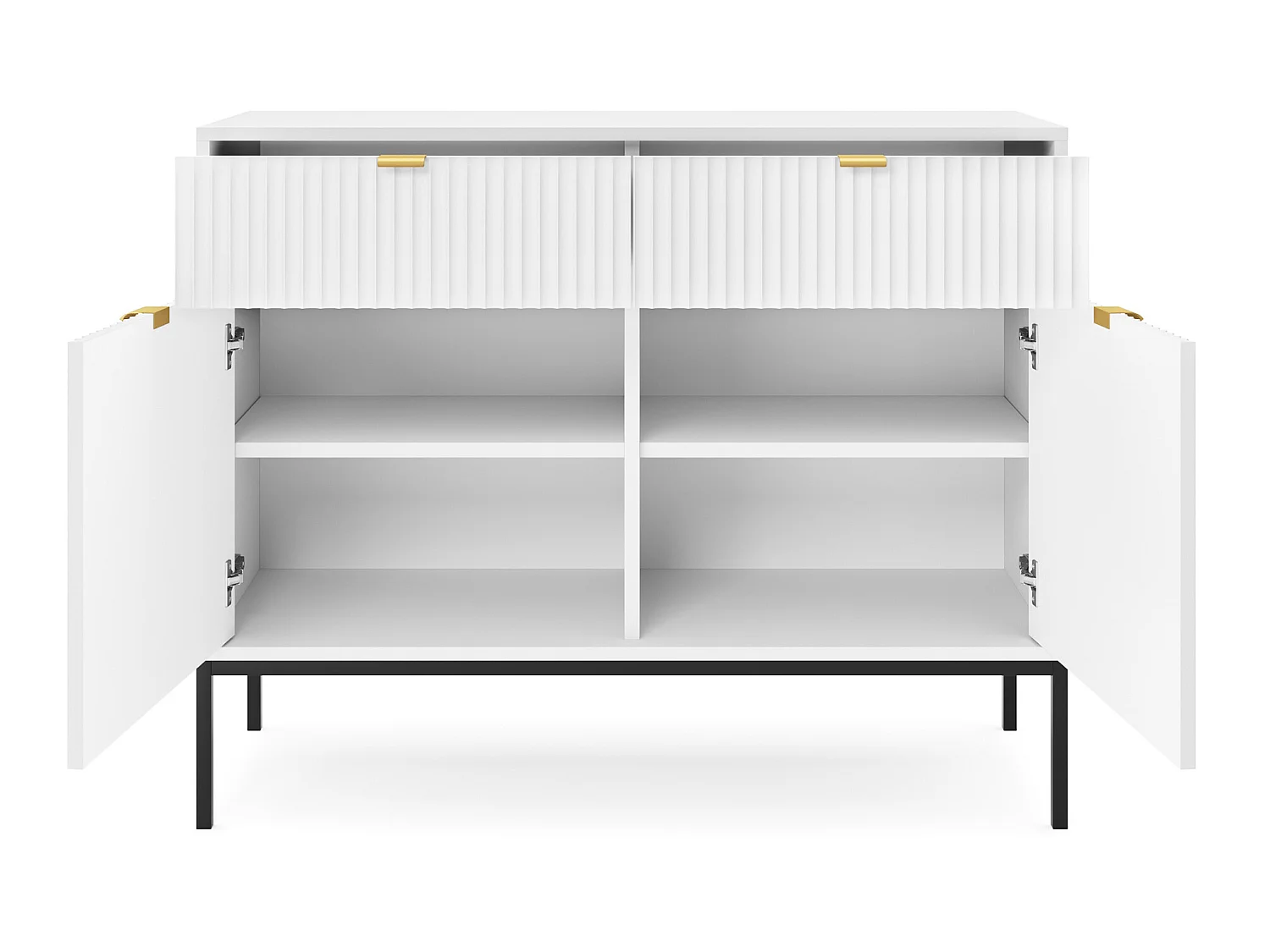 Sideboard Kommode 2-türig mit 2 Schubladen - 104 cm - Weiß mit geriffelten Fronten - VELLORE