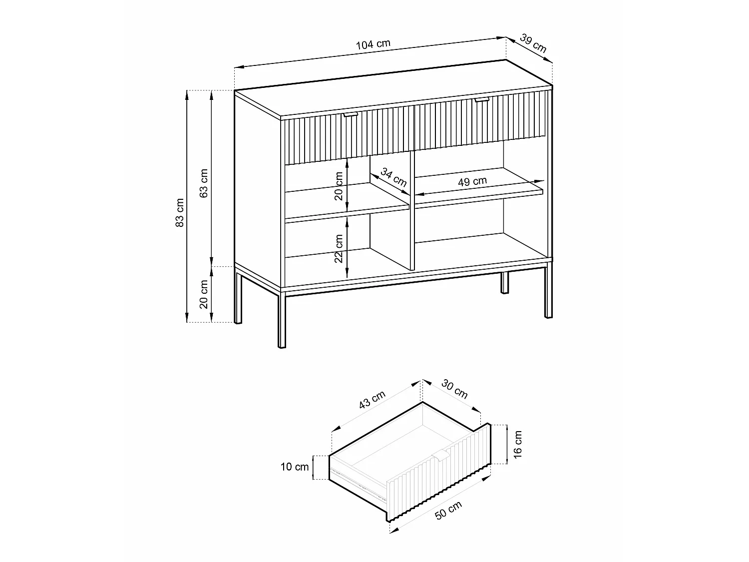 Sideboard Kommode 2-türig mit 2 Schubladen - 104 cm - Weiß mit geriffelten Fronten - VELLORE