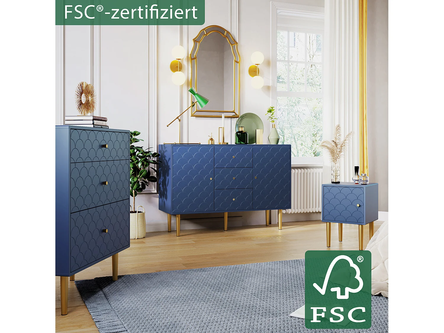 Kommode mit Stauraum für Schlafzimmer – 3 Schubladen – dunkelblau