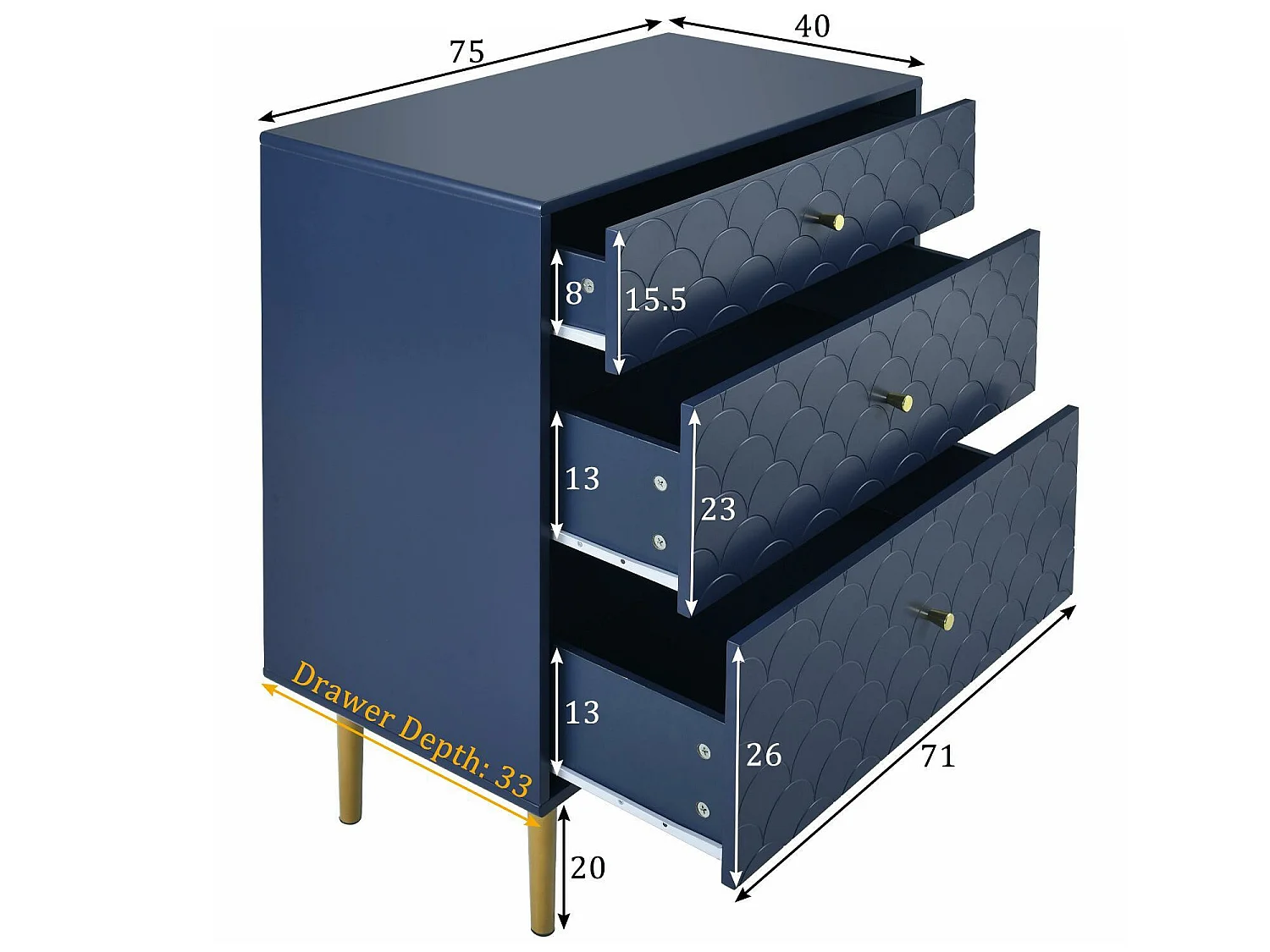 Kommode mit Stauraum für Schlafzimmer – 3 Schubladen – dunkelblau