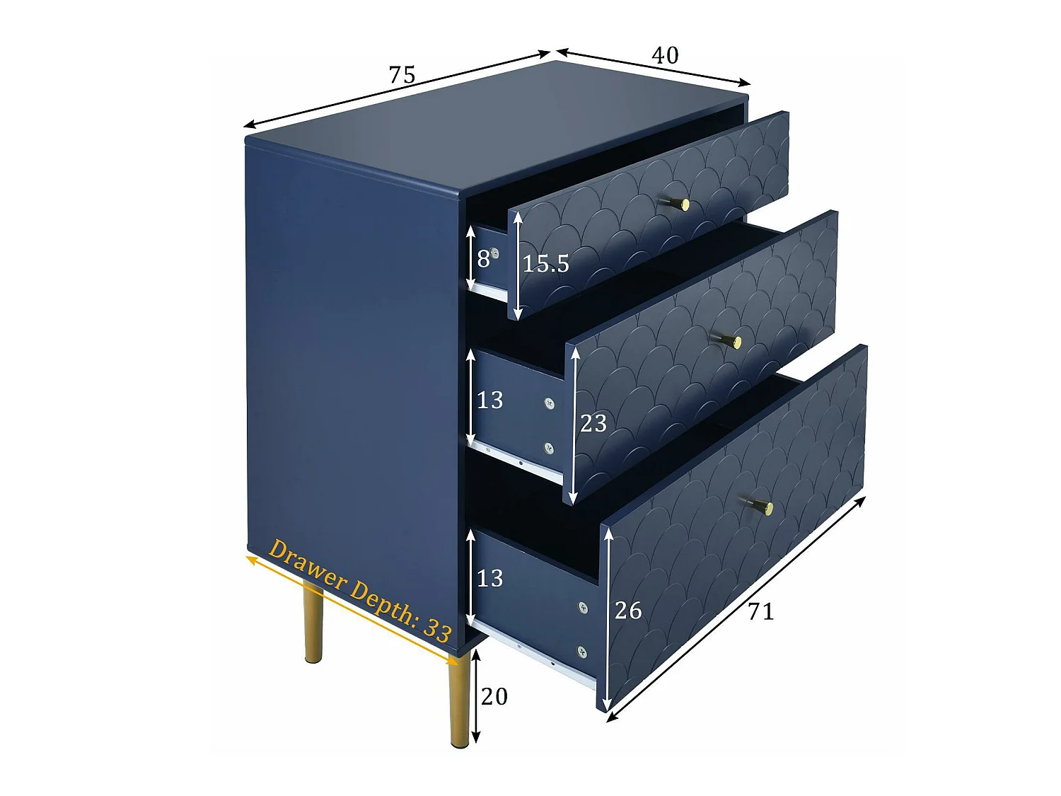 Cómoda Ragement para dormitorio - 3 cajones - azul oscuro