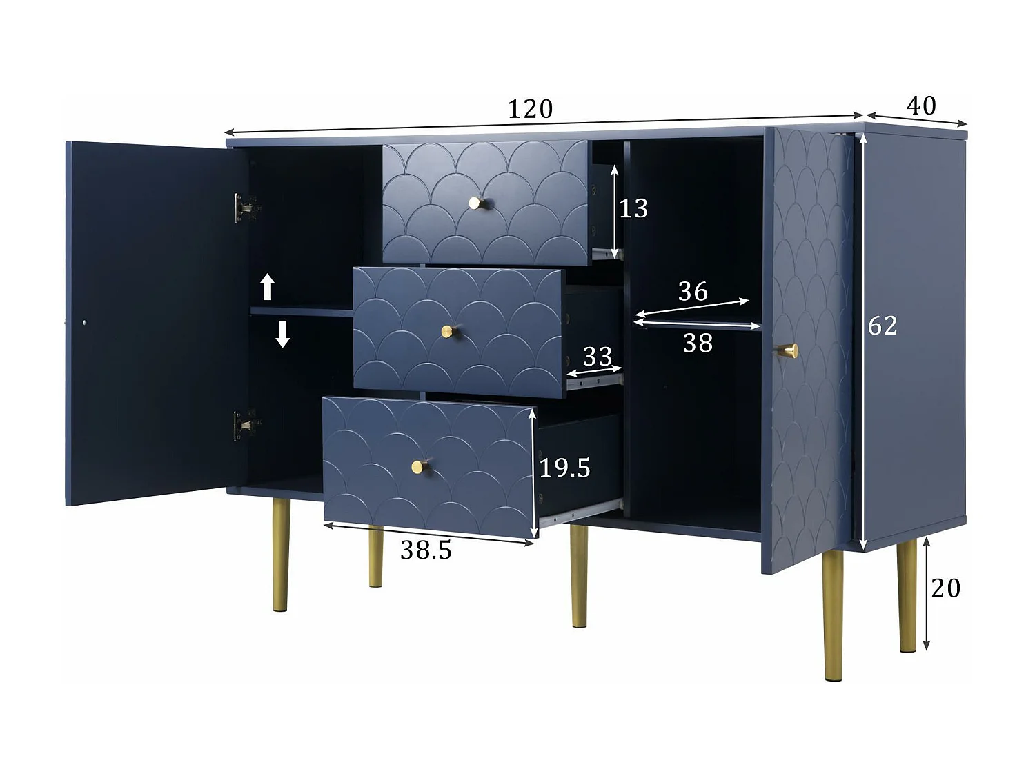 Ragement Kommode für Schlafzimmer – 3 Schubladen + 2 Türen – dunkelblau