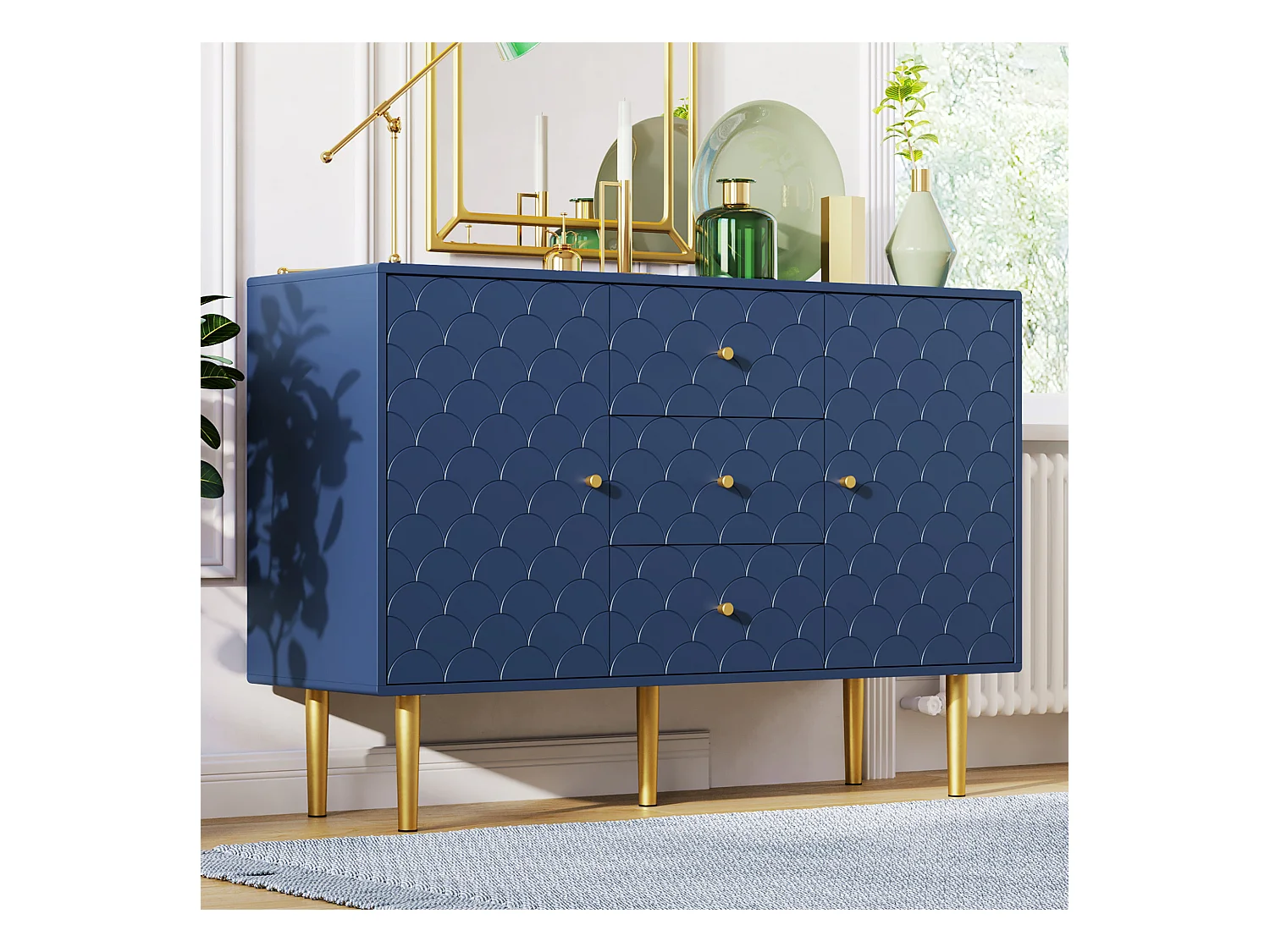Commode avec ragement pour chambre - 3 tiroirs + 2 portes - bleu foncé