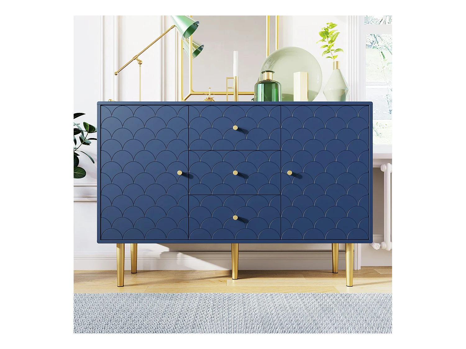 Commode avec ragement pour chambre - 3 tiroirs + 2 portes - bleu foncé