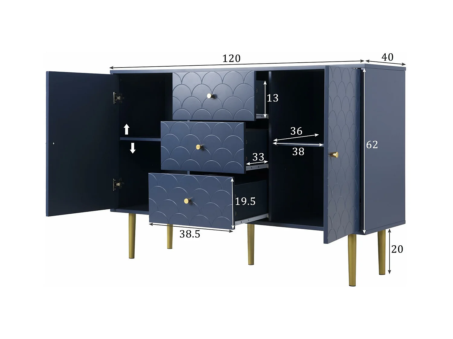 Commode avec ragement pour chambre - 3 tiroirs + 2 portes - bleu foncé