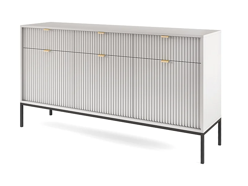 Sideboard Kommode 3-türig mit 3 Schubladen - 154 cm - Grau mit geriffelten Fronten - VELLORE