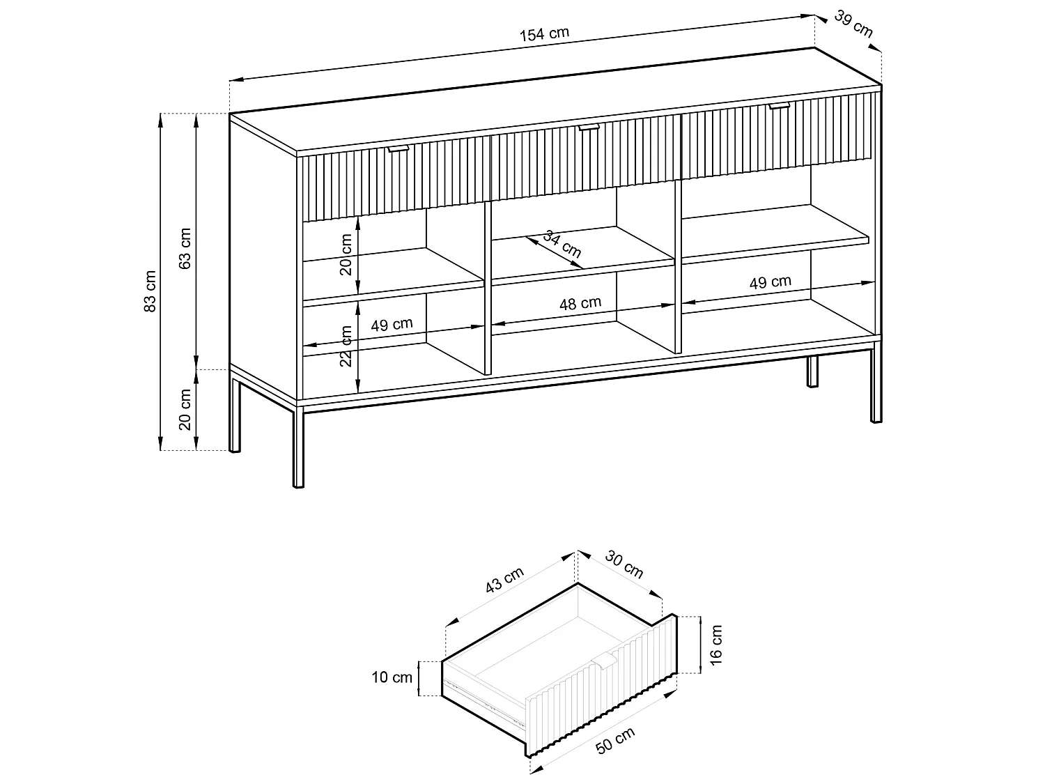 Commode à trois portes - 154cm - noir avec pieds noires - VELLORE