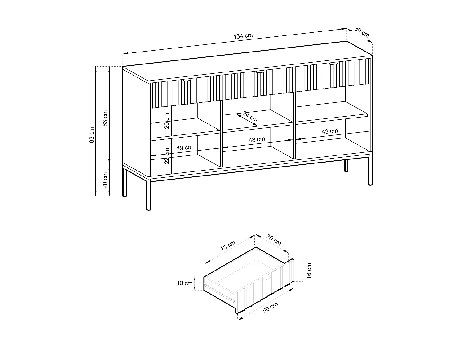 Dreitürige Kommode - 154 cm - schwarz mit schwarzen Beinen - VELLORE