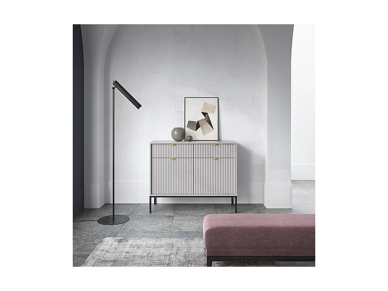 Sideboard Kommode 2-türig mit 2 Schubladen - 104 cm - Grau mit geriffelten Fronten - VELLORE