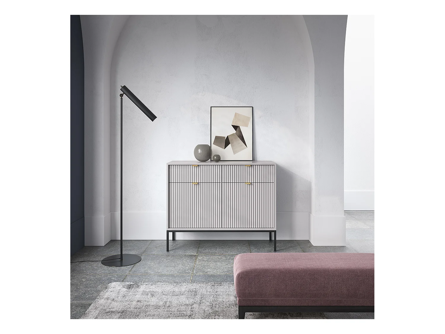 Commode à deux portes - 104 cm - gris avec pieds noires - VELLORE
