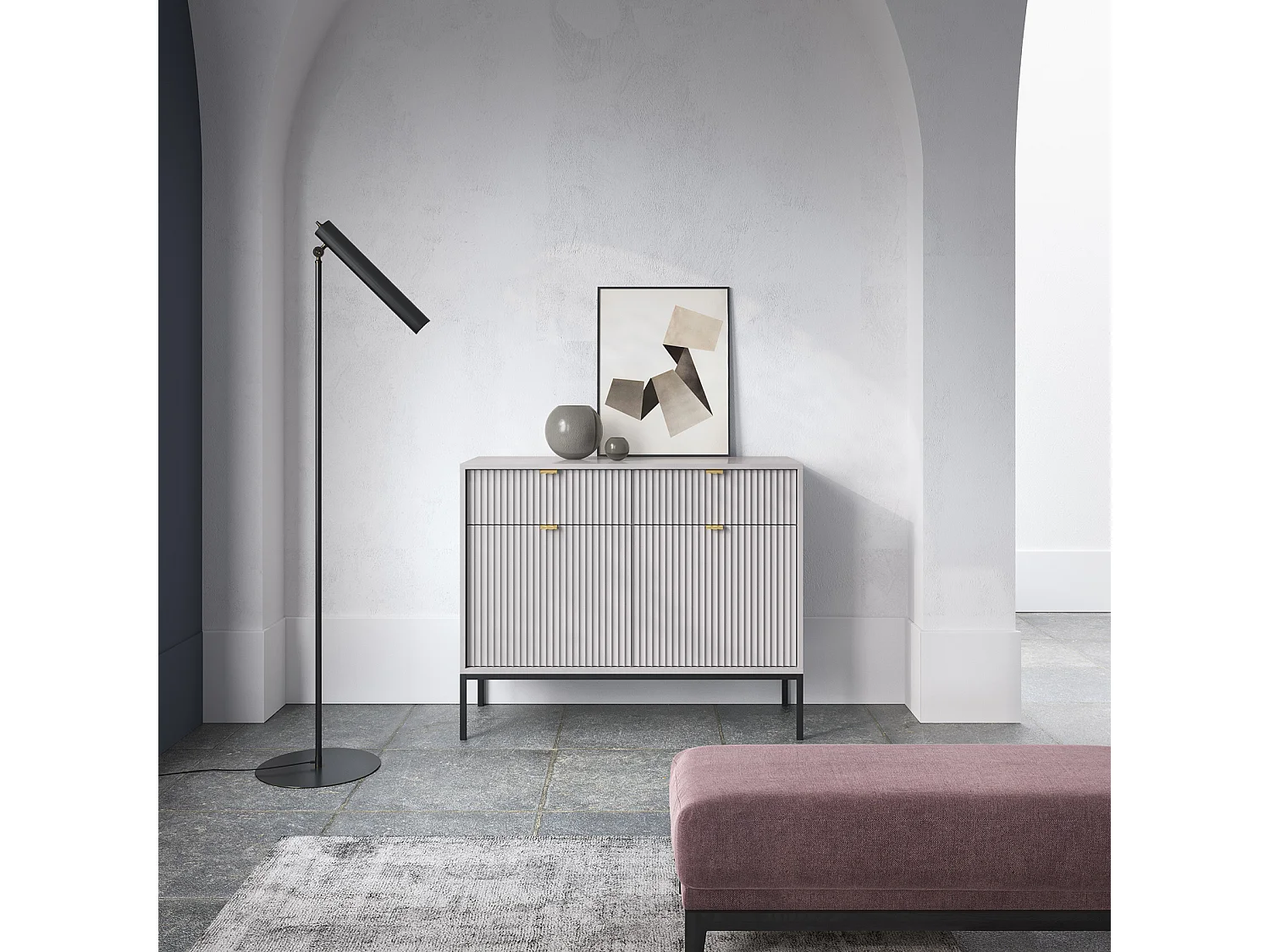 Sideboard Kommode 2-türig mit 2 Schubladen - 104 cm - Grau mit geriffelten Fronten - VELLORE