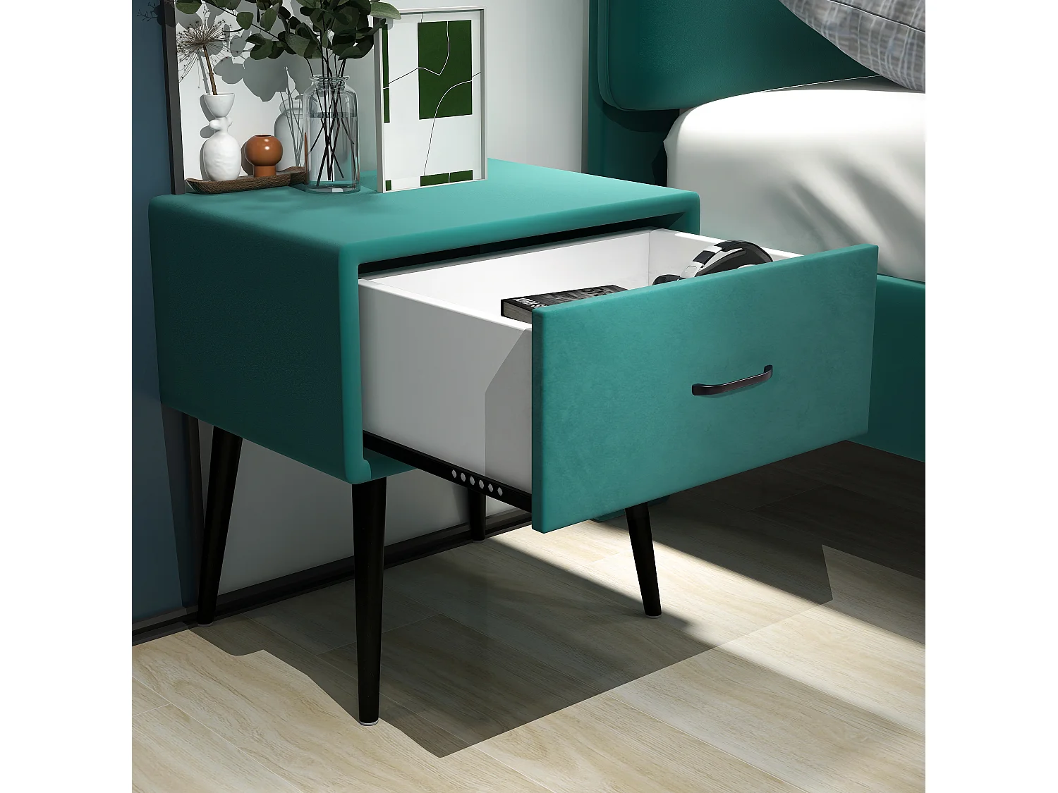 Table de chevet en velours - avec 1 tiroir - Vert Sapin