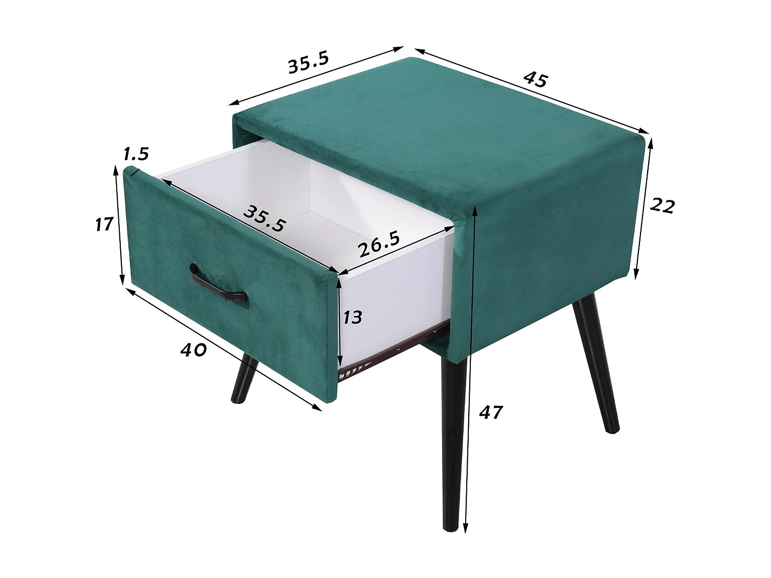 Table de chevet en velours - avec 1 tiroir - Vert Sapin