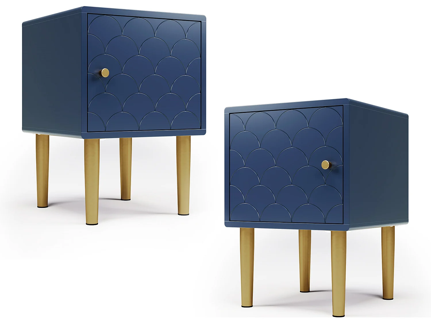 Mesita de noche - patrón de escamas de pez - patas chapadas en oro - azul oscuro - 2 piezas