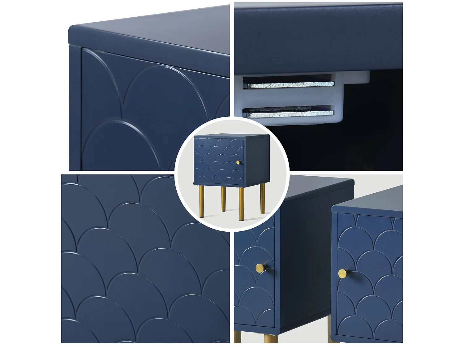 Table de chevet - motif écailles de poisson - pieds plaqués doré - bleu foncé - 2 pièces