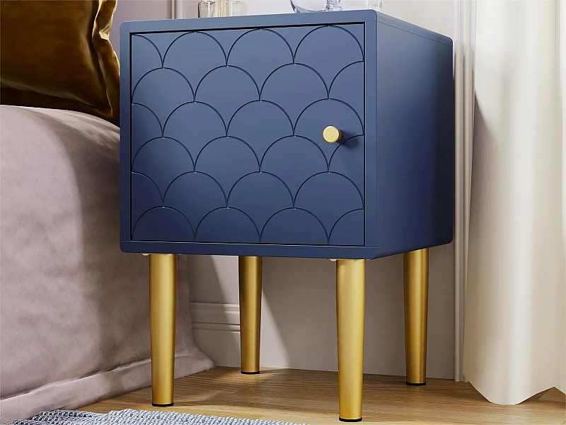 Table de chevet - motif écailles de poisson - pieds plaqués doré - bleu foncé - 2 pièces