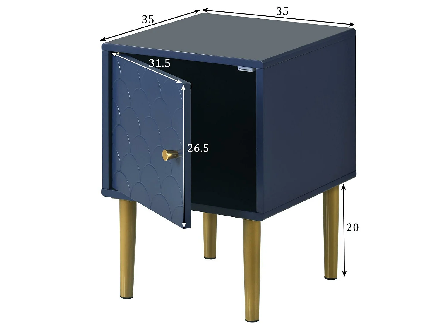 Mesita de noche - patrón de escamas de pez - patas chapadas en oro - azul oscuro