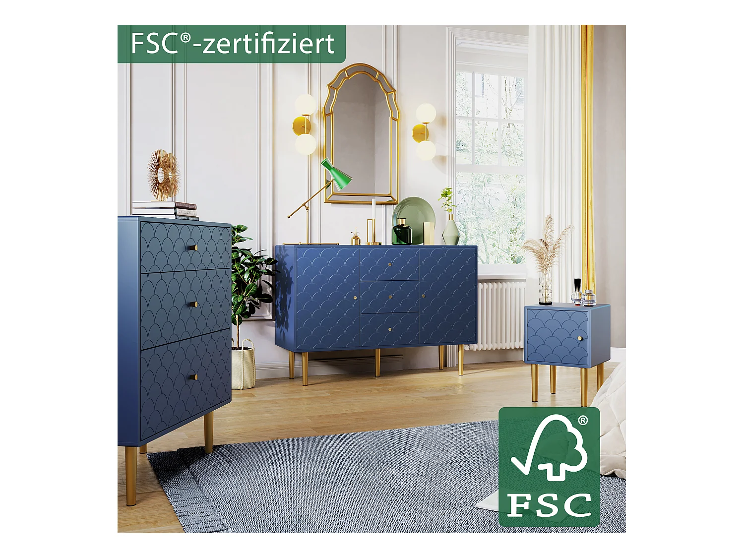 Nachtkastje - visschubbenpatroon - vergulde poten - donkerblauw