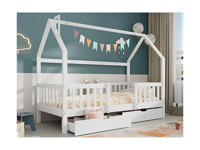 Hochbett aus Holz - 90x200 cm - mit 2 Schubladen und Lattenrost - Weiß