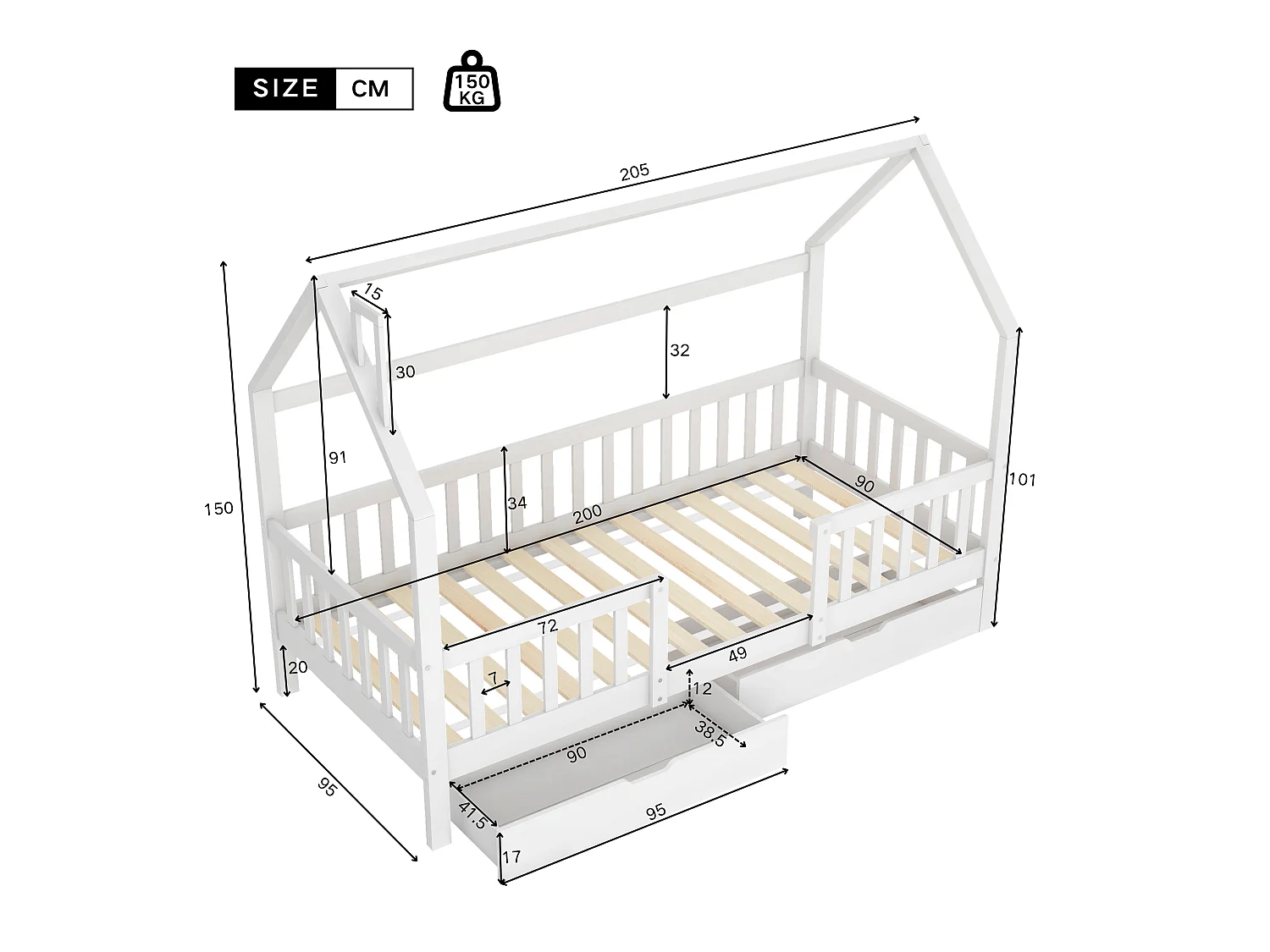 Lit cabane en bois - 90x200 cm - avec 2 tiroirs et sommiers à lattes - Blanc