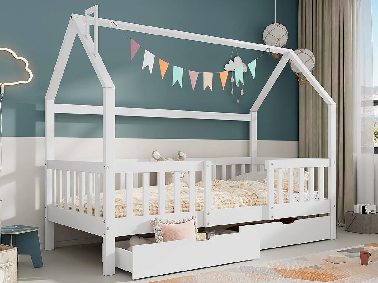 Houten kajuitbed - 90x200 cm - met 2 lades en lattenbodem - Wit