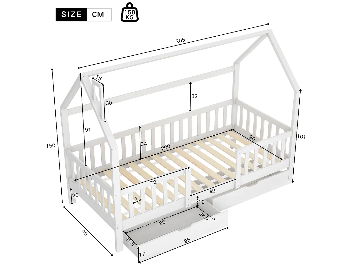 Houten kajuitbed - 90x200 cm - met 2 lades en lattenbodem - Wit