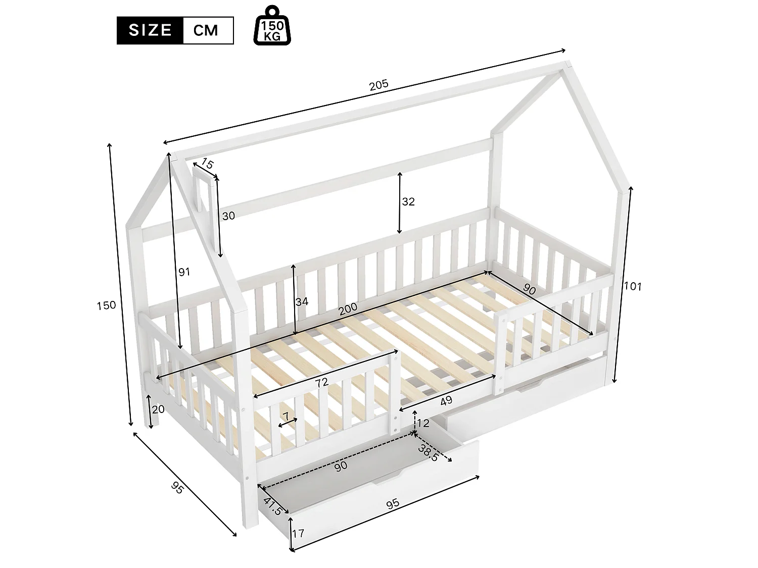Lit cabane en bois - 90x200 cm - avec 2 tiroirs et sommiers à lattes - Blanc