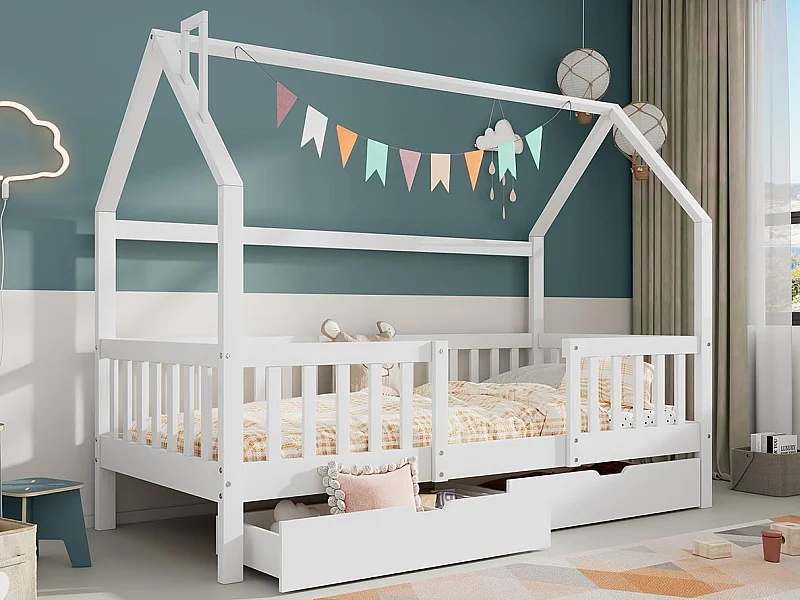 Houten kajuitbed - 90x200 cm - met 2 lades en lattenbodem - Wit