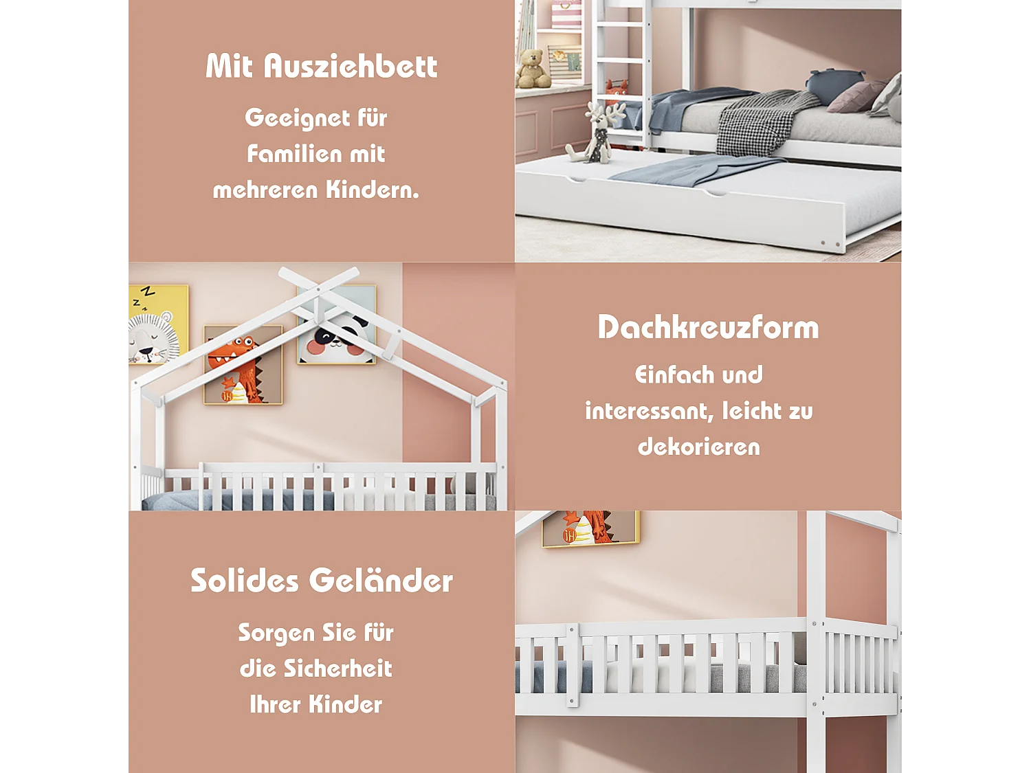 Etagenbett 90x200 cm mit Ausziehbett – massives Kiefernholz – Weiß