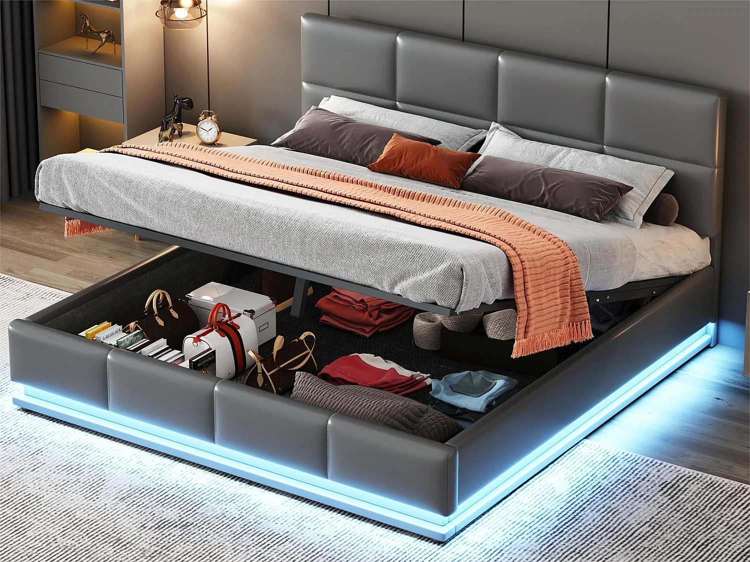 Lit coffre 160x200cm en similicuir avec LED + sommier à lattes + tête de lit réglable - Gris