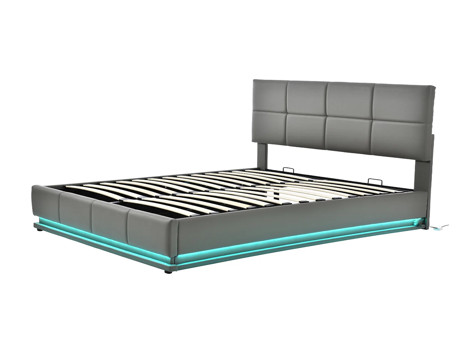 Lit coffre 160x200cm en similicuir avec LED + sommier à lattes + tête de lit réglable - Gris
