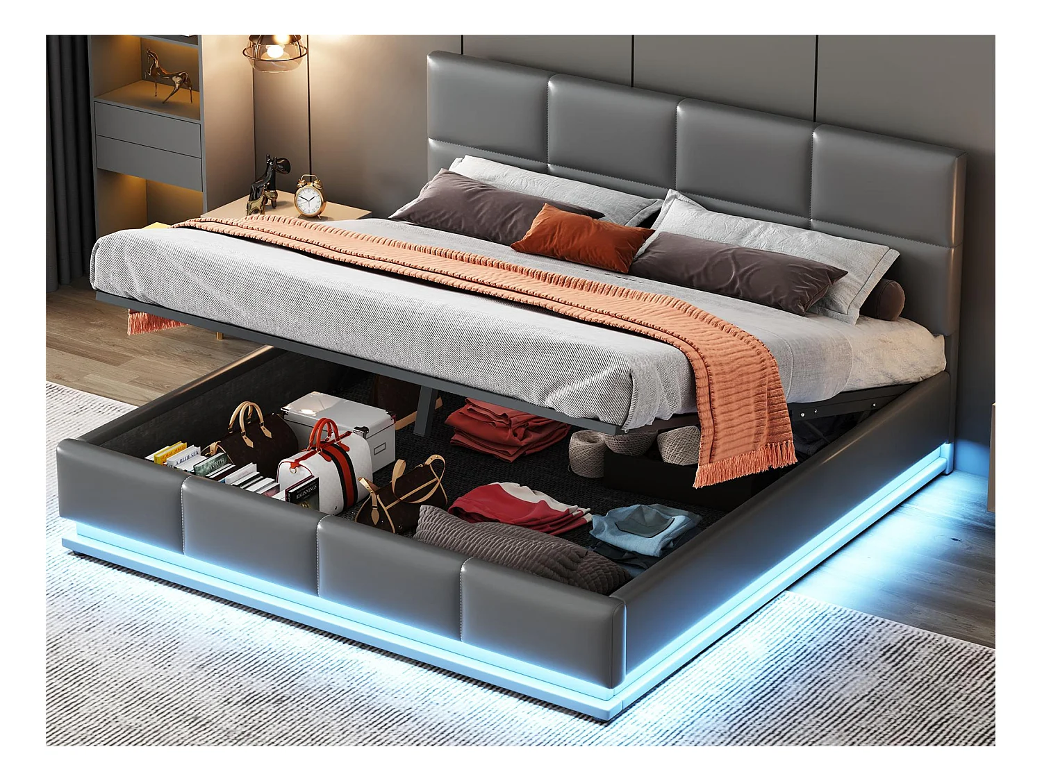Lit coffre 160x200cm en similicuir avec LED + sommier à lattes + tête de lit réglable - Gris