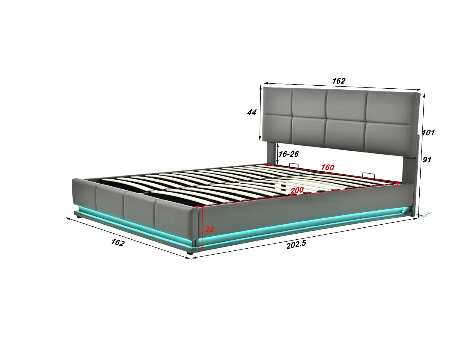 Bett mit Bettkasten 160x200cm – mit LED + Lattenrost + verstellbarem Kopfteil – Leder – Grau