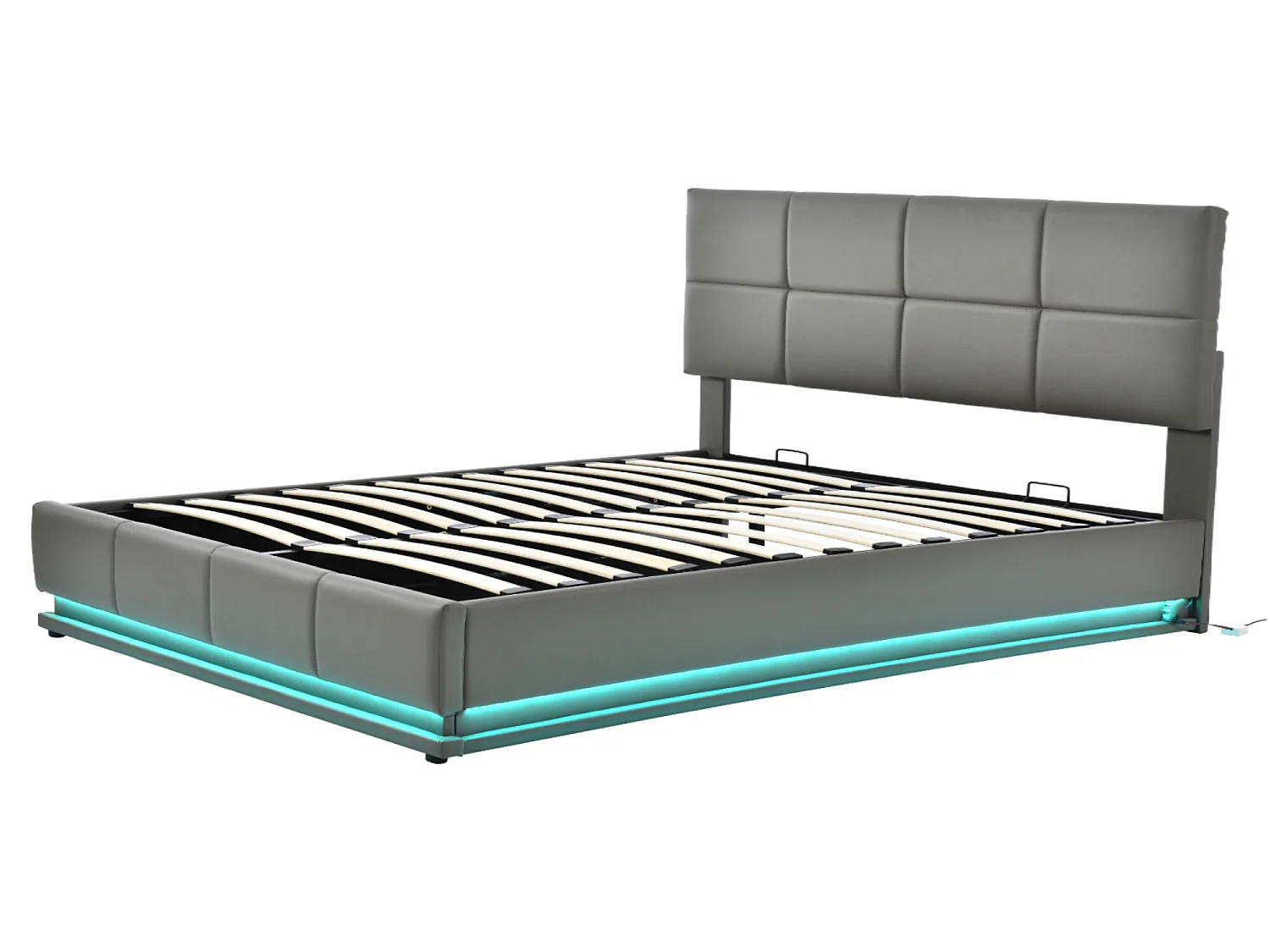 Bett mit Bettkasten 160x200cm – mit LED + Lattenrost + verstellbarem Kopfteil – Leder – Grau