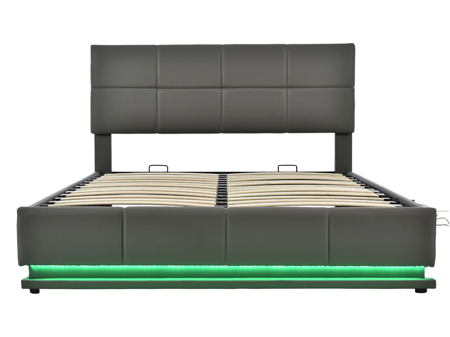 Bett mit Bettkasten 160x200cm – mit LED + Lattenrost + verstellbarem Kopfteil – Leder – Grau