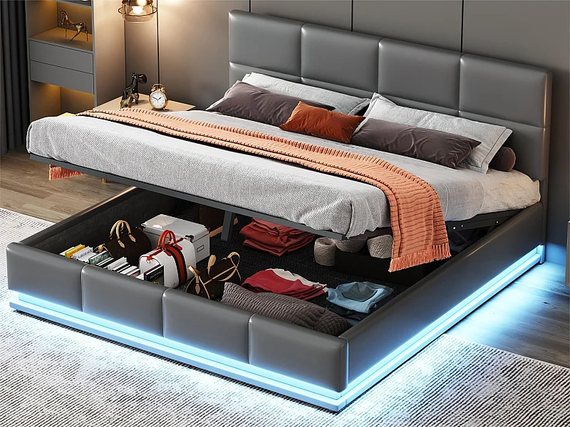 Lit coffre 160x200cm en similicuir avec LED + sommier à lattes + tête de lit réglable - Gris