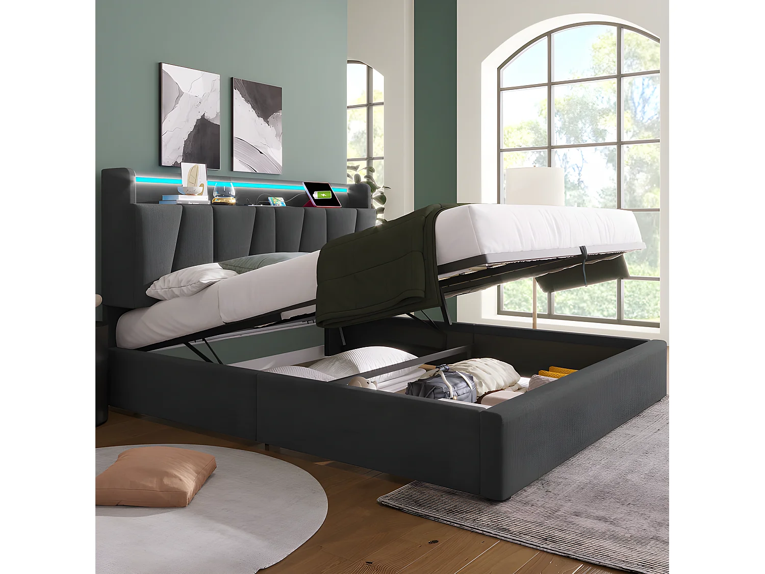 Lit coffre 140x200cm - avec LED et ports de chargement - tissu en lin - Gris