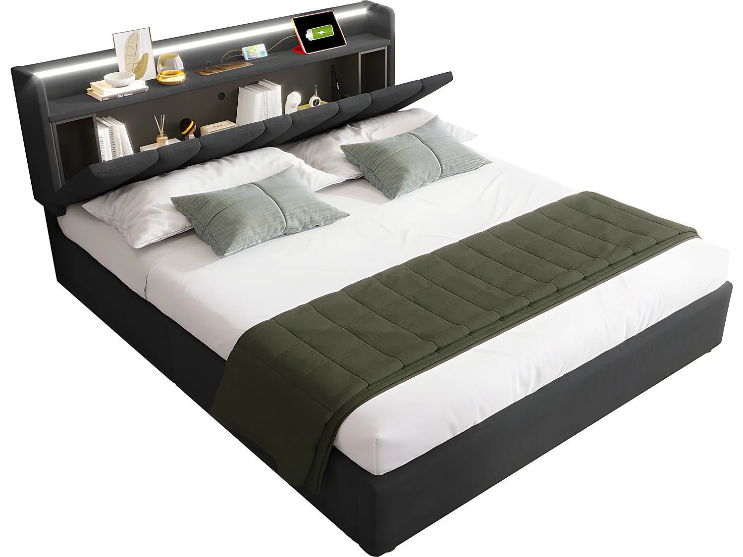 Lit coffre 140x200cm - avec LED et ports de chargement - tissu en lin - Gris