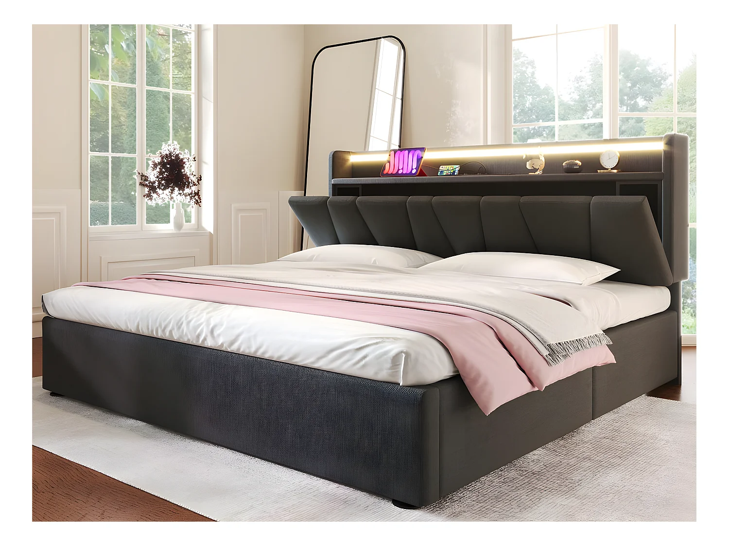 Lit coffre 140x200cm - avec LED et ports de chargement - tissu en lin - Gris