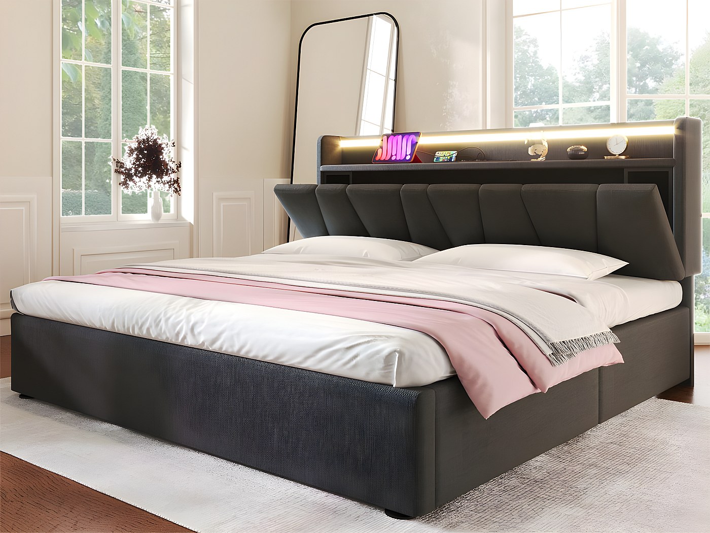 Letto contenitore 140x200 cm - con LED e prese di ricarica - tessuto di ...