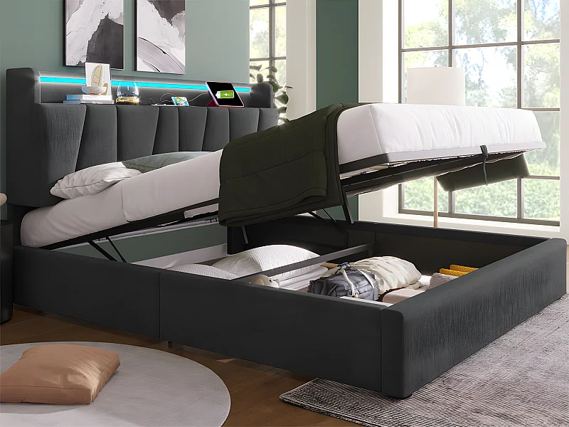 Lit coffre 160x200cm - avec LED et ports de chargement - tissu en lin - Gris