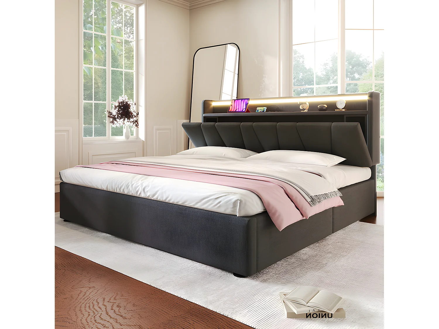 Stauraumbett 160 x 200 cm – mit LED und Ladeanschlüssen – Leinenstoff – Grau