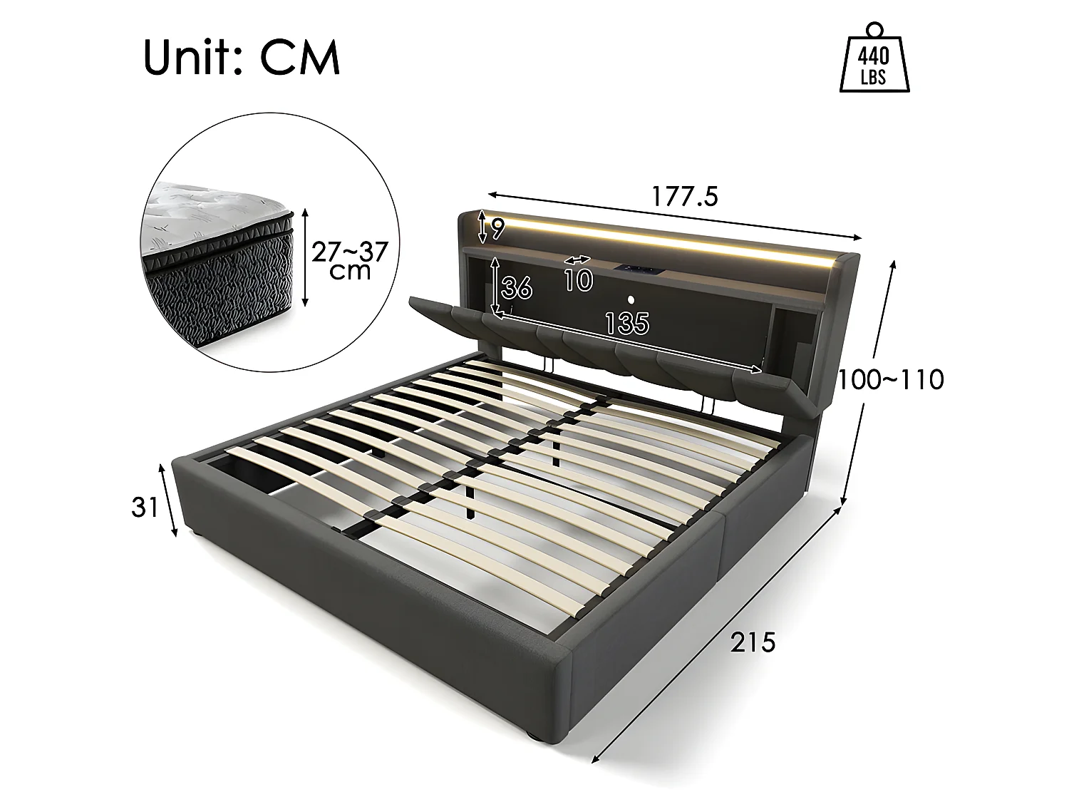 Stauraumbett 160 x 200 cm – mit LED und Ladeanschlüssen – Leinenstoff – Grau