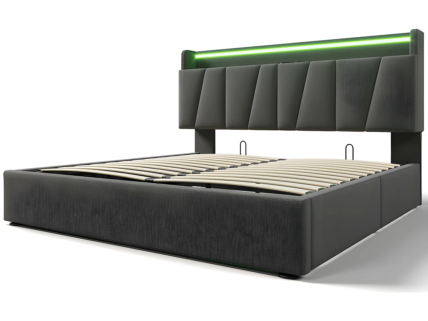 Stauraumbett 160 x 200 cm – mit LED und Ladeanschlüssen – Leinenstoff – Grau