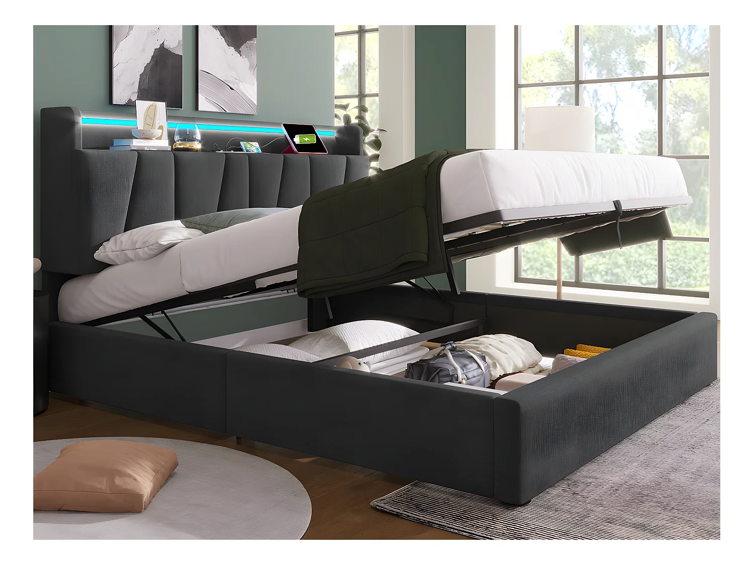Lit coffre 160x200cm - avec LED et ports de chargement - tissu en lin - Gris