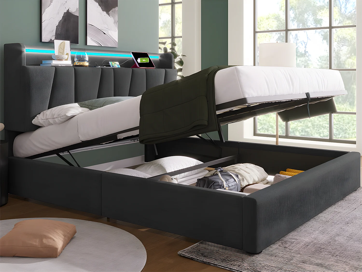 Lit coffre 160x200cm - avec LED et ports de chargement - tissu en lin - Gris