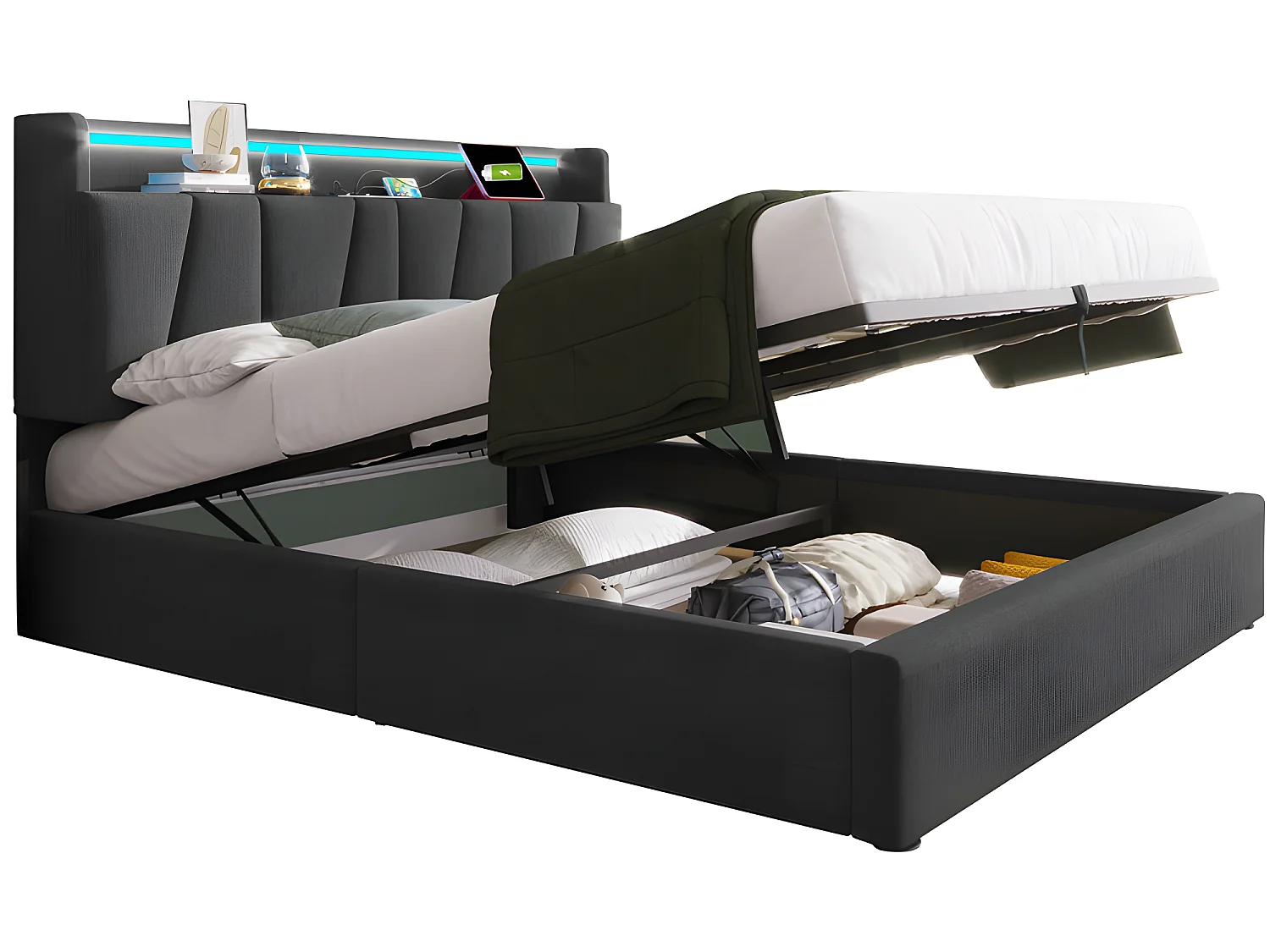 Lit coffre 160x200cm - avec LED et ports de chargement - tissu en lin - Gris